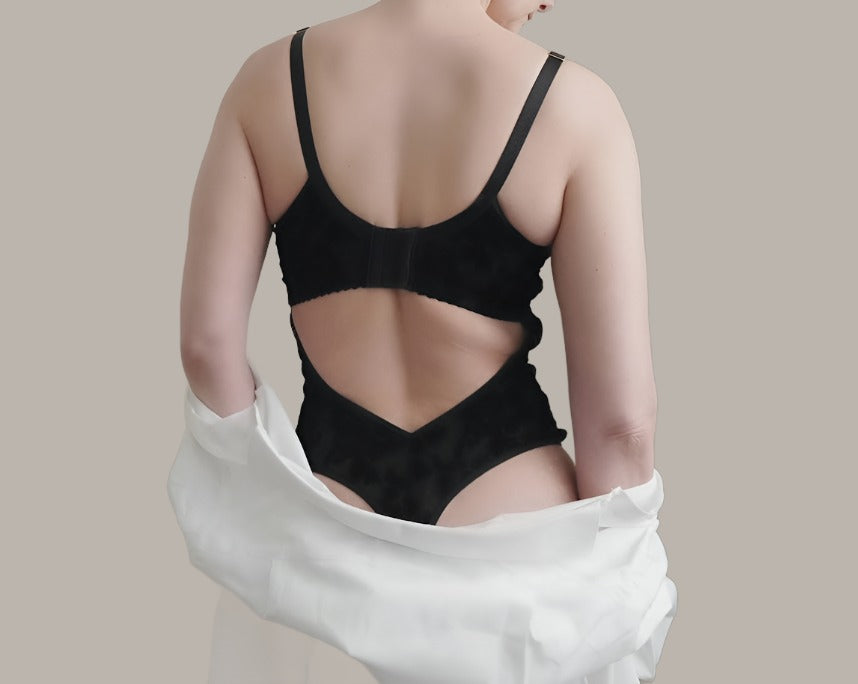 Rubies Custom Bras: Custom Bodysuit in Black Velvet Mesh Back Shot. Made to measure and made to order. Available in various colours and fabrics. Bespoke and made in Canada and the USA by bra design experts.