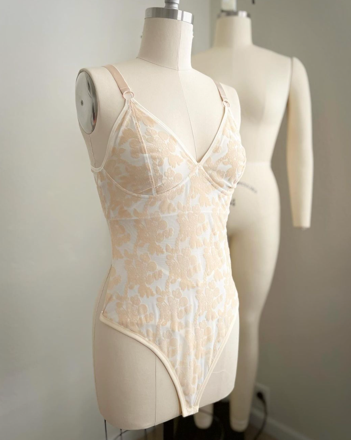 Rubies Custom Bras: Custom Bodysuit in Beige Velvet Mesh Front Shot. Made to measure and made to order. Available in various colours and fabrics. Bespoke and made in Canada and the USA by bra design experts.