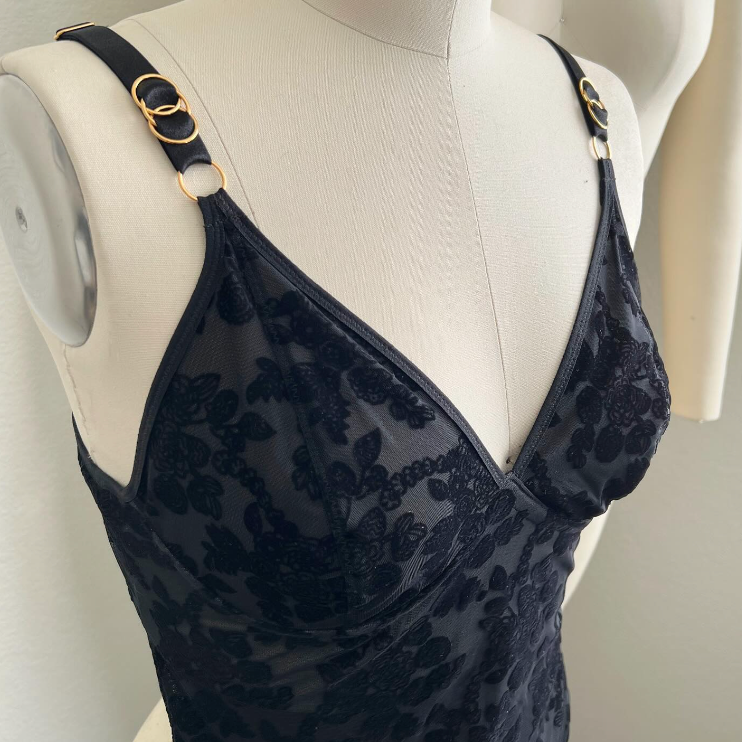 Rubies Custom Bras: Custom Bodysuit in Black Velvet Mesh Front Shot. Made to measure and made to order. Available in various colours and fabrics. Bespoke and made in Canada and the USA by bra design experts.