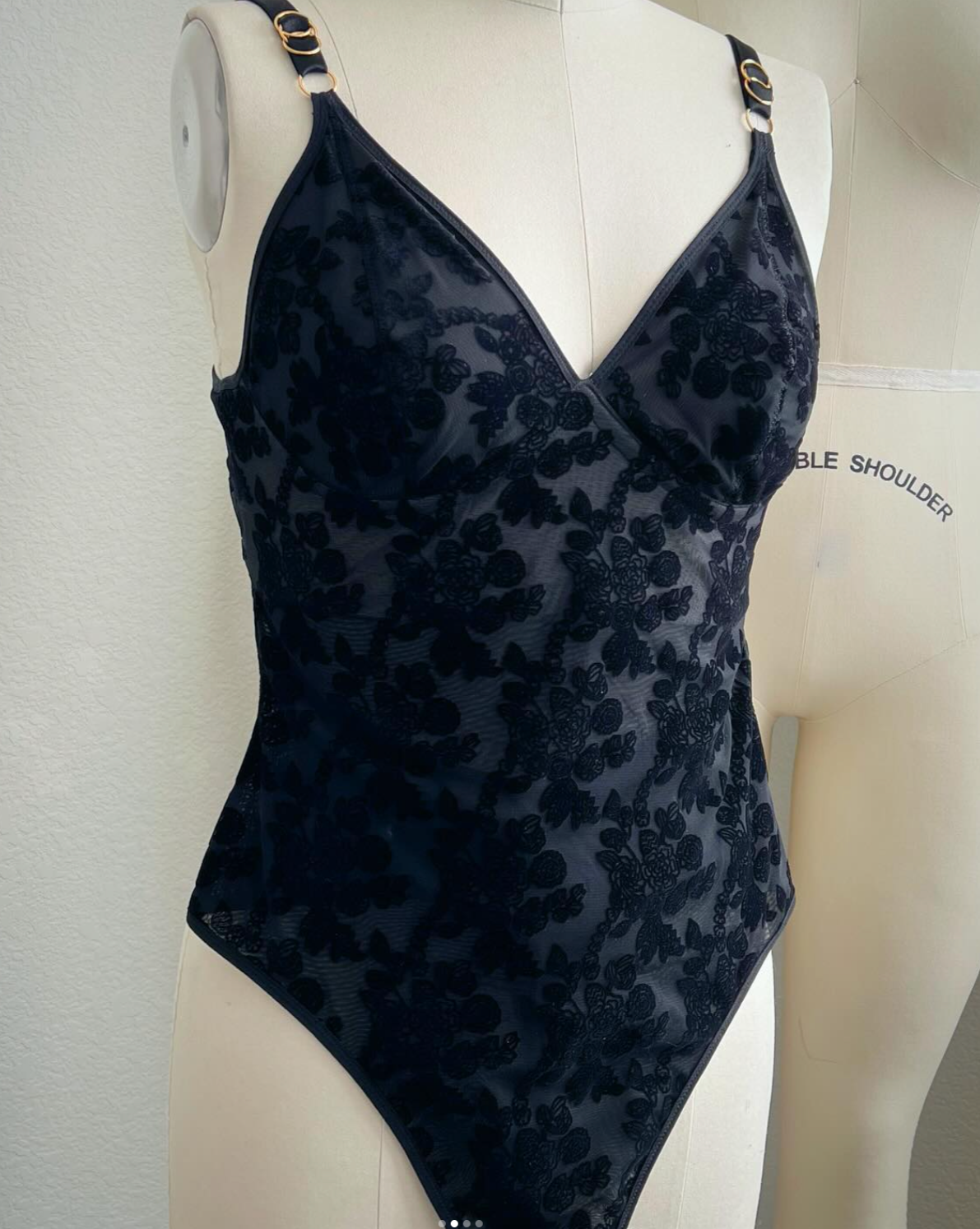 Rubies Custom Bras: Custom Bodysuit in Black Velvet Mesh Front Shot. Made to measure and made to order. Available in various colours and fabrics. Bespoke and made in Canada and the USA by bra design experts.