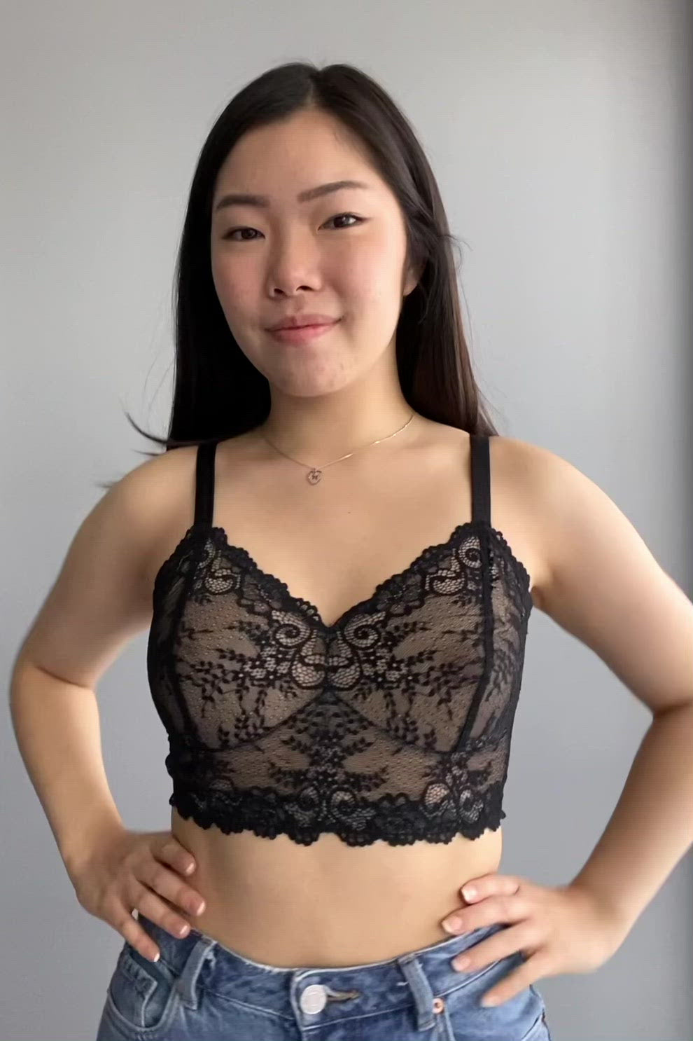 Model wearing a black wire-free Viva Scalloped Lace bra from Rubies Custom Bras