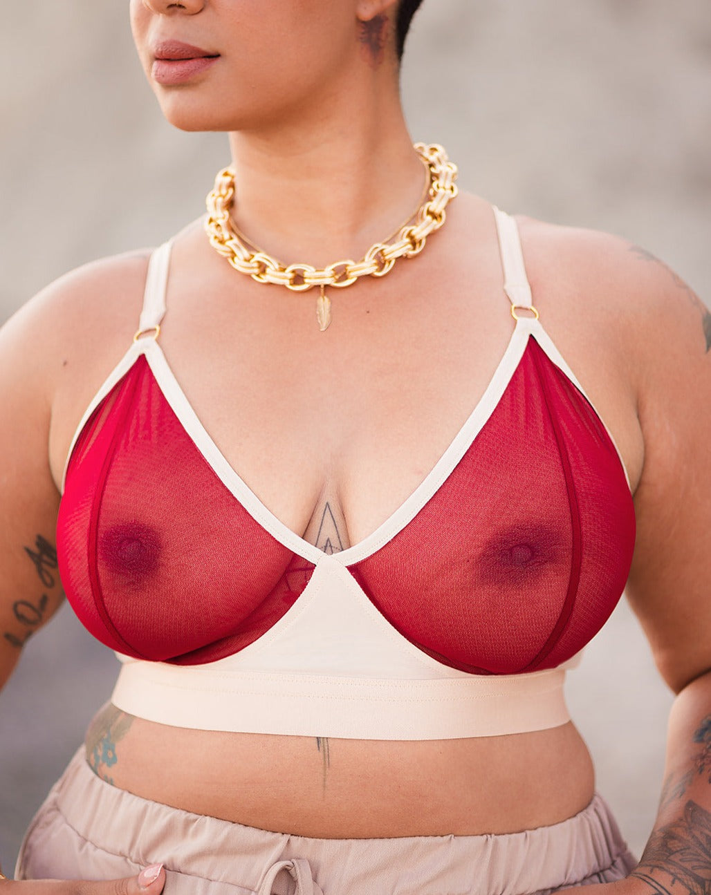 Rubies Bras female client and model wearing our Sahaara Sheers in red.