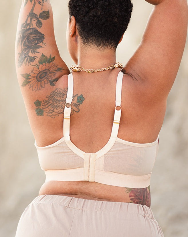 Rubies Bras female client and model wearing our Sahaara Sheer bra. Back shot.