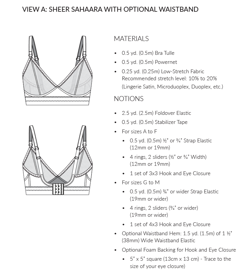 Rubies Bras Sahaara sewing pattern infographic.