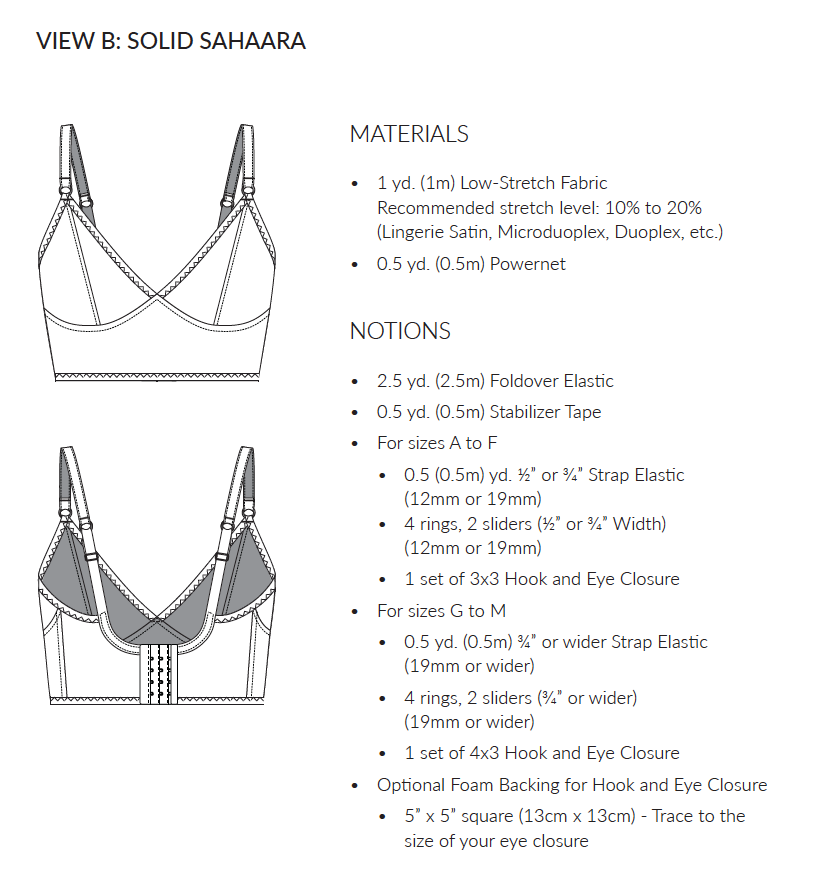 Rubies Bras Sahaara sewing pattern infographic.