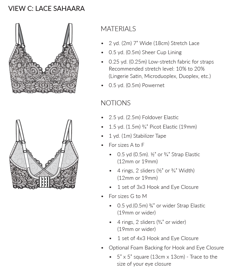 Rubies Bras Sahaara sewing pattern infographic.