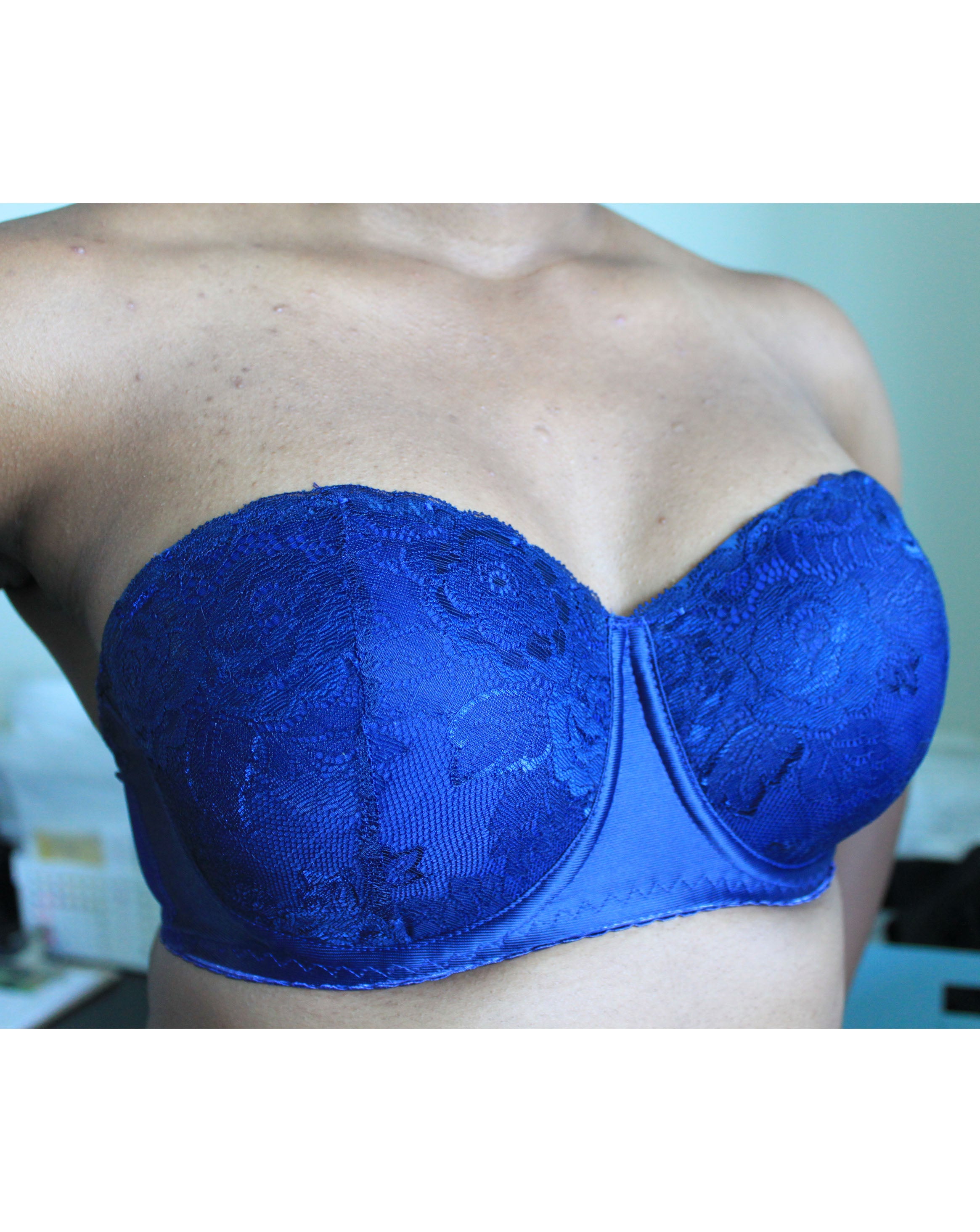 Rubies Bras client and model wearing our strapless specialty bra.