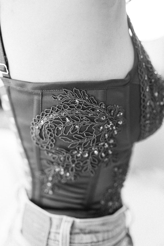 Fine beading close-up of custom couture bra.