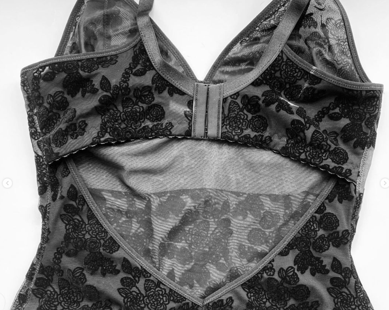 Rubies Custom Bras: Custom Bodysuit in Black Velvet Mesh Back Shot. Made to measure and made to order. Available in various colours and fabrics. Bespoke and made in Canada and the USA by bra design experts.