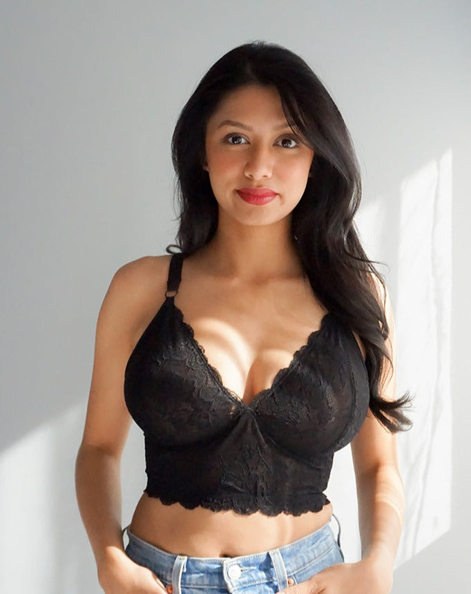 Rubies Bras female client and model wearing our custom made black Sahaara Laces bra.