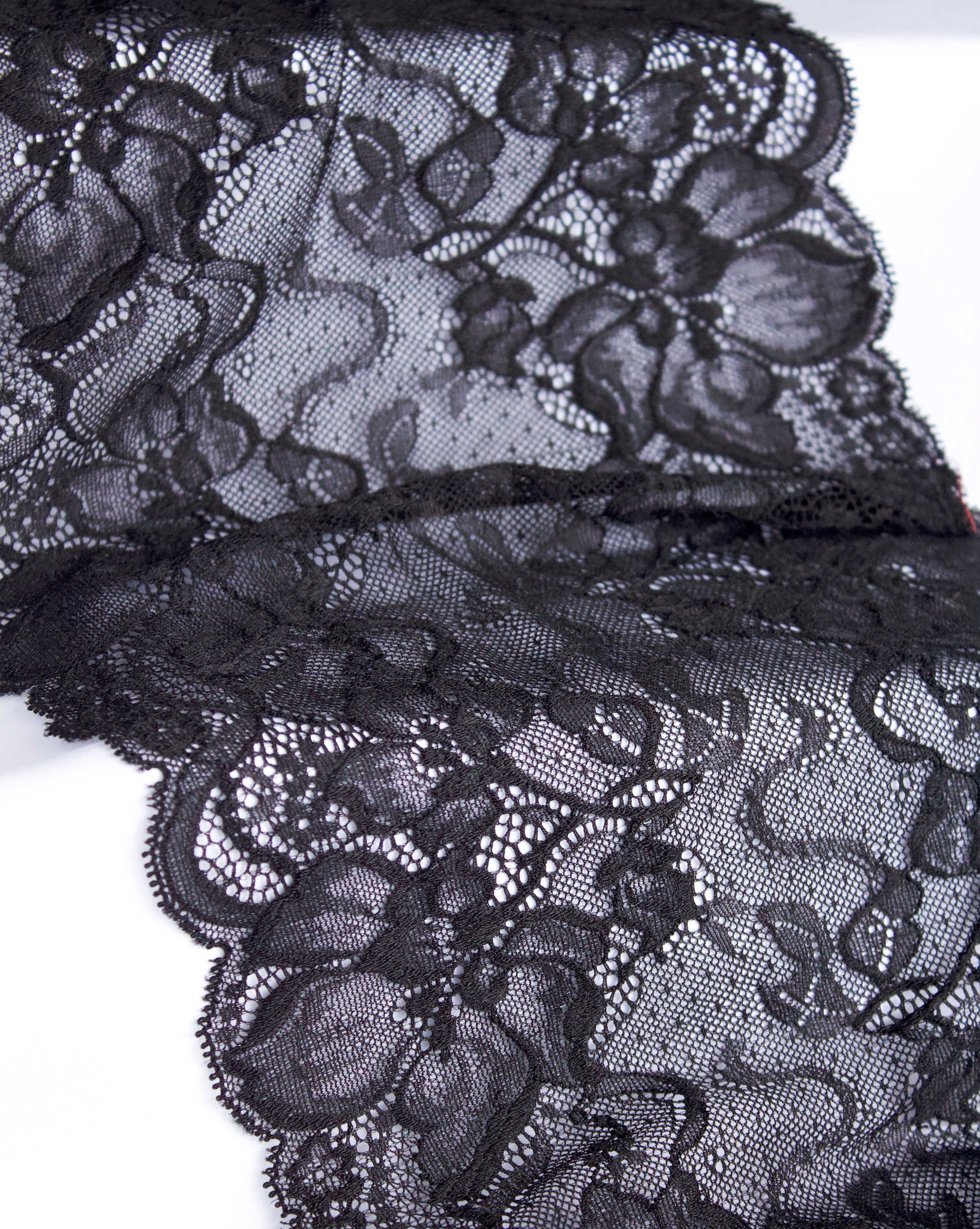 Close up of Rubies Bras black lace fabric.