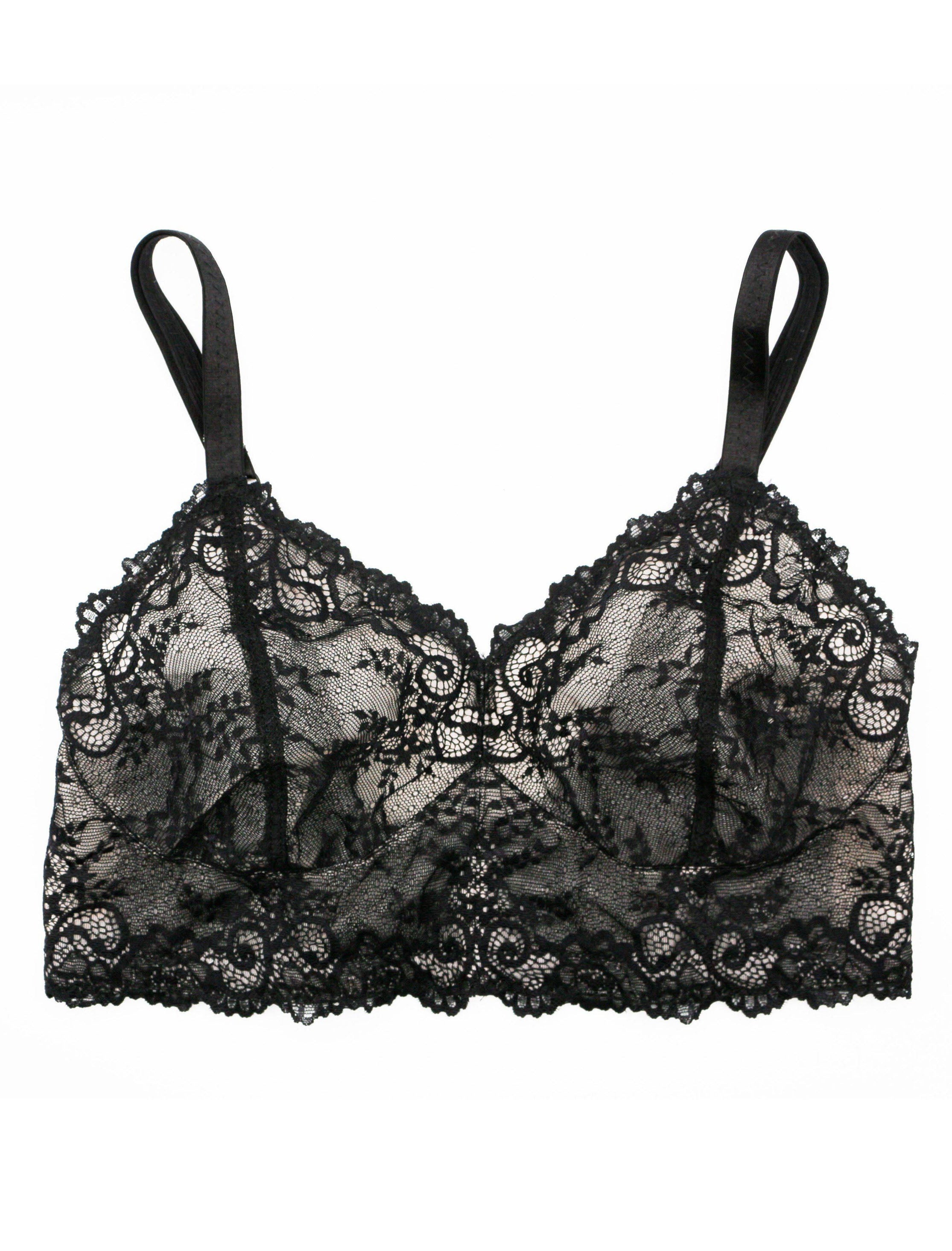 Custom made wireless bra in black scalloped lace fabric made to order by Rubies Bras on a white background. 
