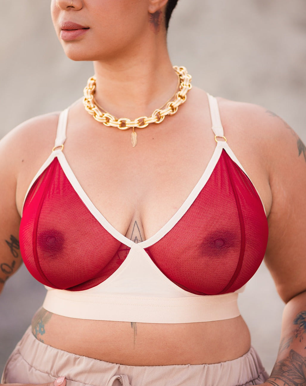 Rubies Bras female client and model wearing our Sahaara Sheers bra. Close up.