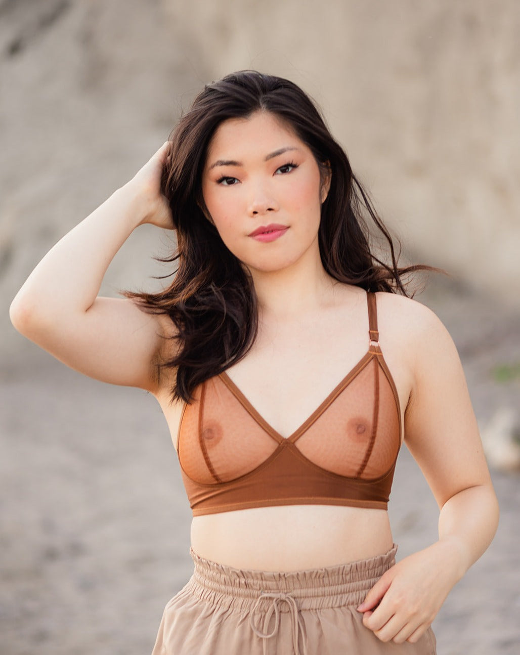 Rubies Bras female client and model wearing our Sahaara Sheers in copper.
