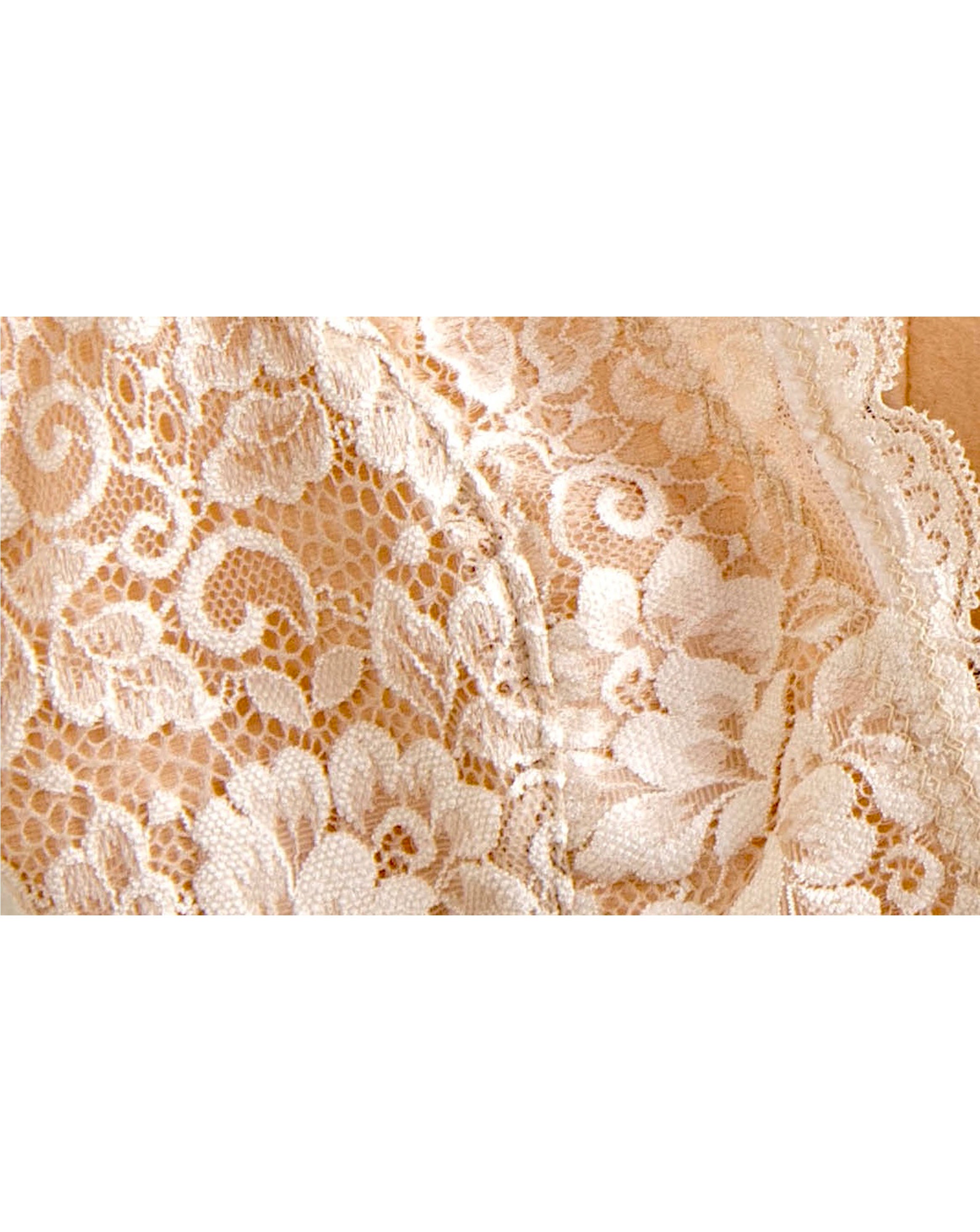 Close up of Rubies Bras beige lace.