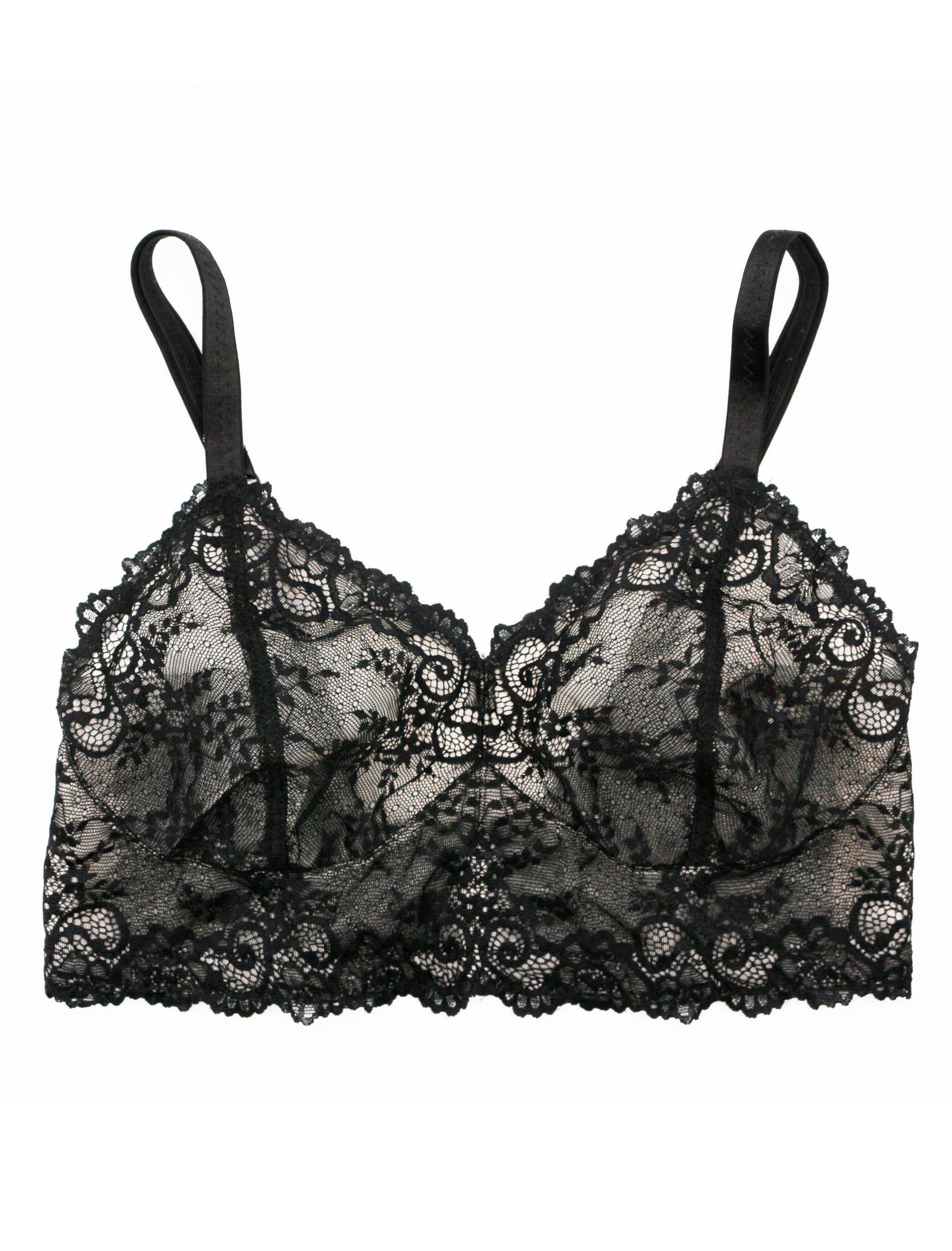 Custom made wireless bra in black scalloped lace fabric made to order by Rubies Bras.