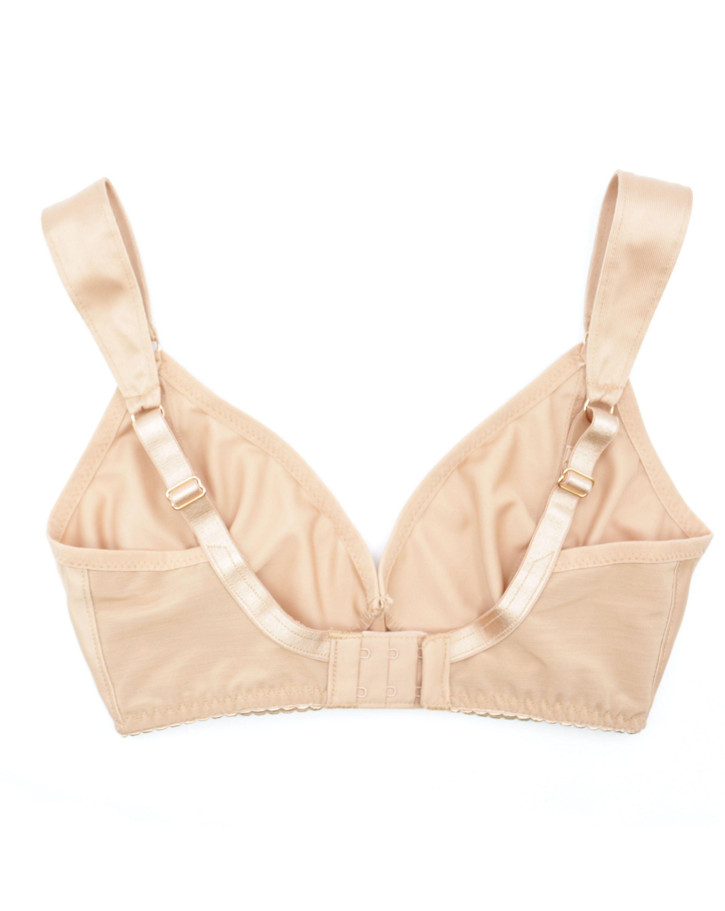 Back view of a custom made wireless bra in minimal solid beige color/colour made to order by Rubies Bras.