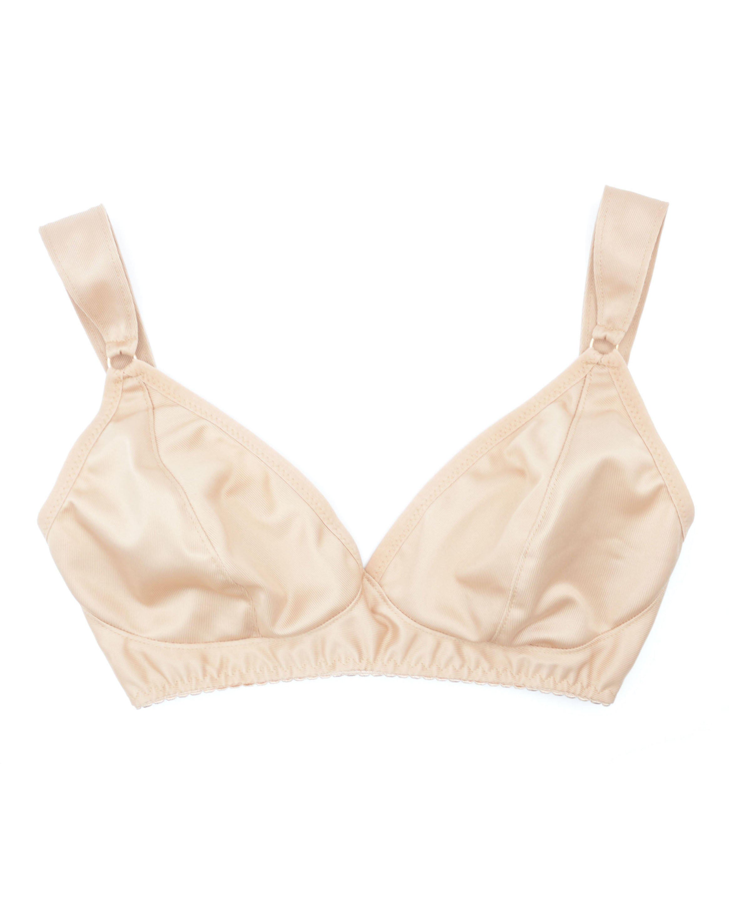 Front view of a custom made wireless bra in minimal solid beige color/colour made to order by Rubies Bras.