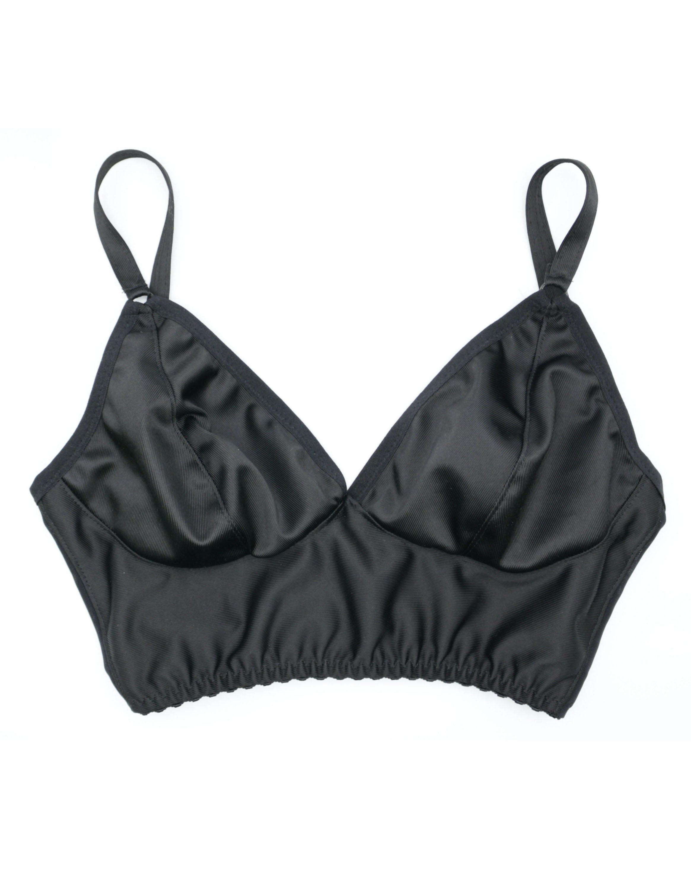 Front view of a custom made wireless bra in minimal solid black color/colour made to order by Rubies Bras.