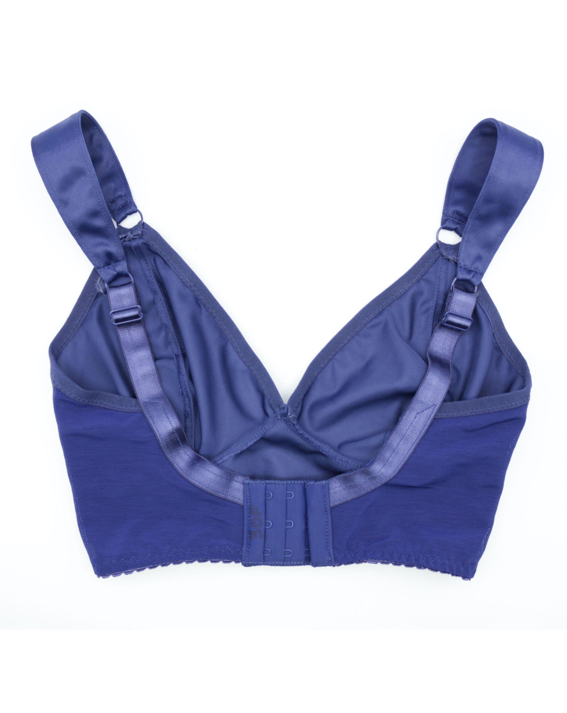 Back view of a custom made wireless bra in minimal solid blue color/colour made to order by Rubies Bras.