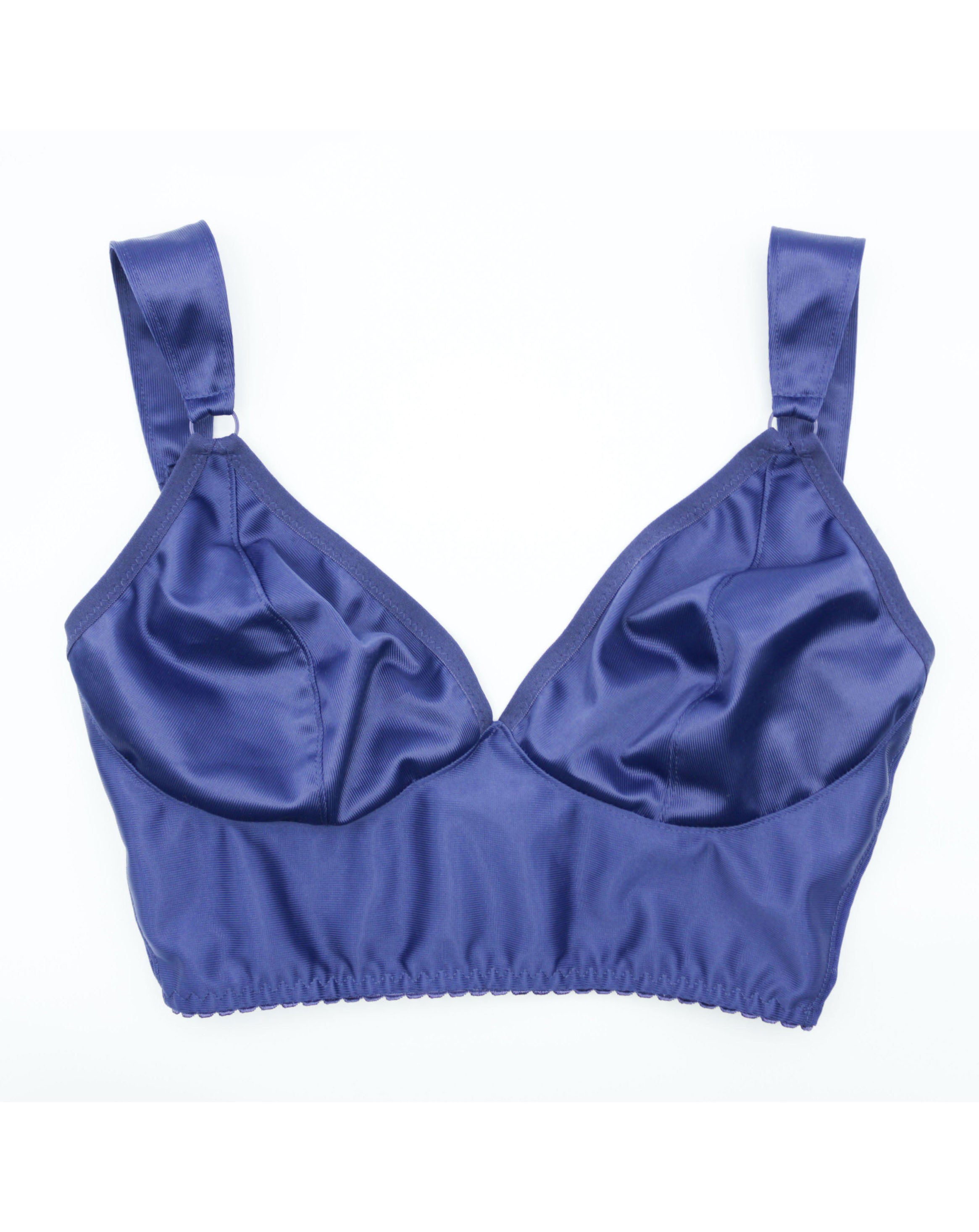 Front view of a custom made wireless bra in minimal solid blue color/colour made to order by Rubies Bras.