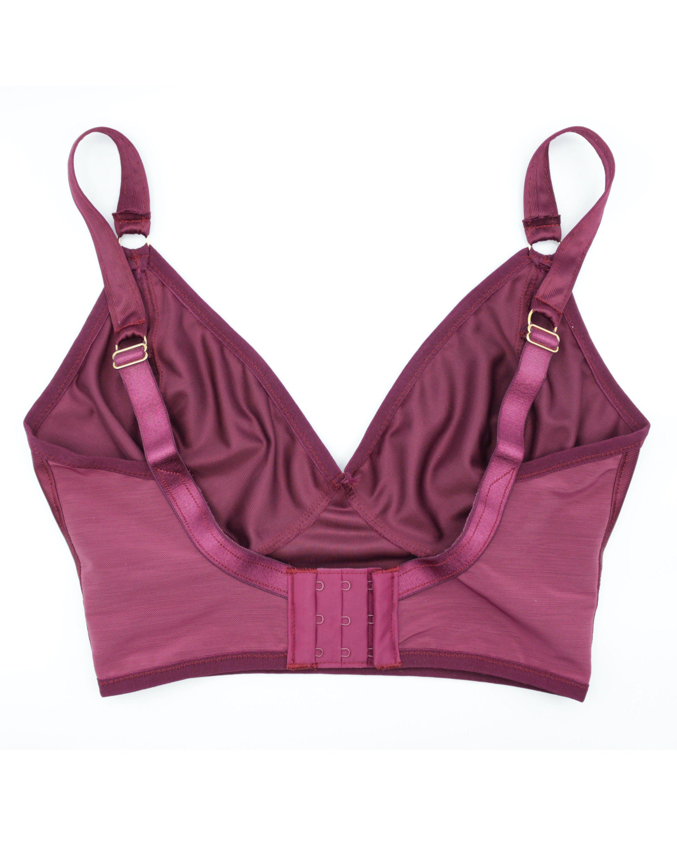 Back view of a custom made wireless bra in minimal solid burgundy color/colour made to order by Rubies Bras