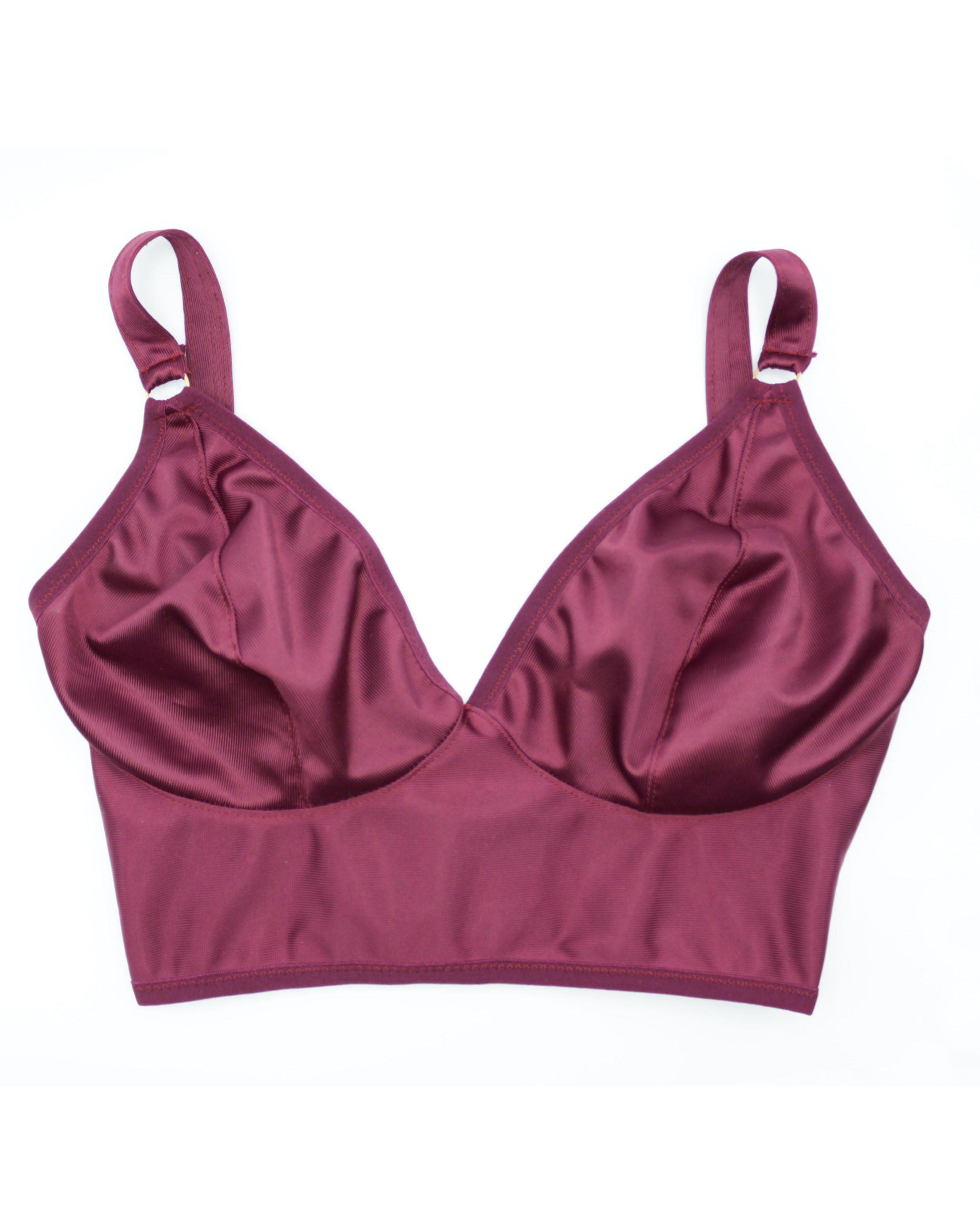 Front view of a custom made wireless bra in minimal solid burgundy color/colour made to order by Rubies Bras