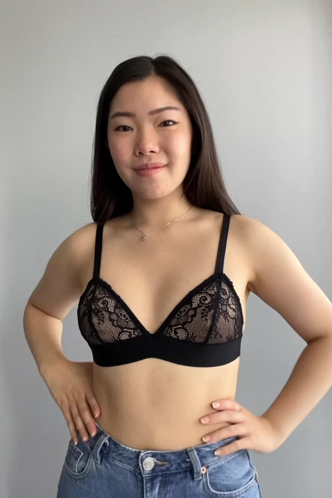 Video of Rubies Bras Client and Model wearing a black Pietite Laces bra